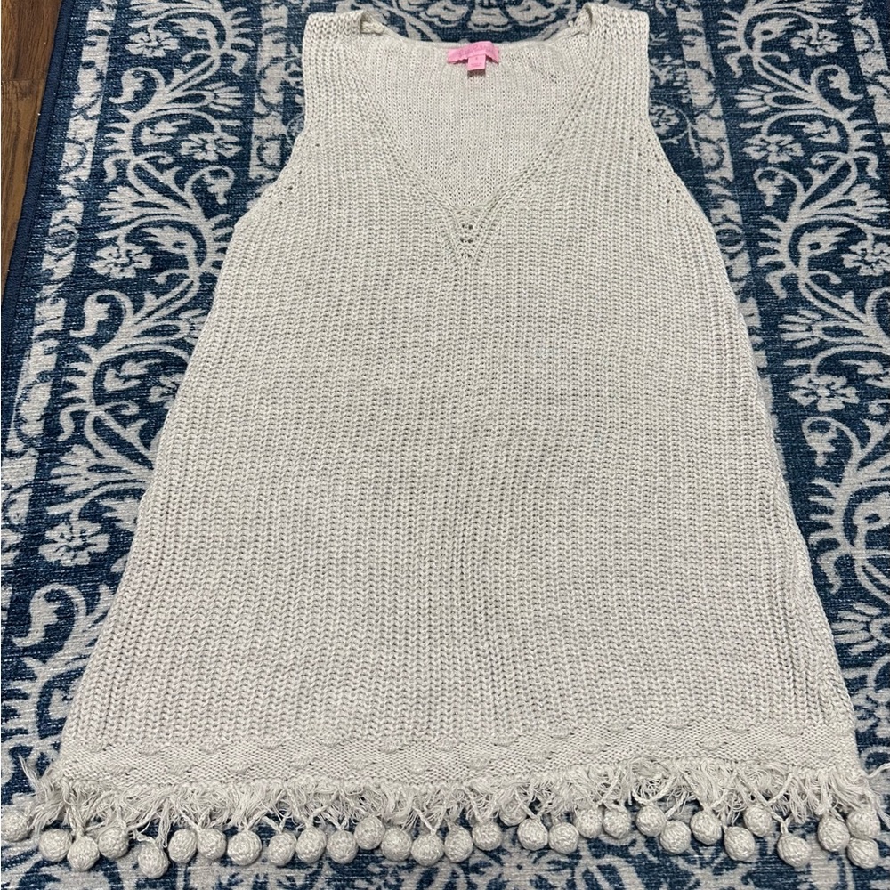 Lilly Pulitzer White and Silver Knit Top with Pom Pom Hem